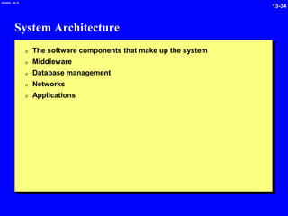 13-34
2/6/2024 09:19
System Architecture
0 The software components that make up the system
0 Middleware
0 Database management
0 Networks
0 Applications
 