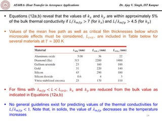 Dr. Ajay V. Singh, IIT Kanpur
AE608A- Heat Transfer in Aerospace Applications
14
▪ Equations (12a,b) reveal that the values of 𝑘𝑥 and 𝑘𝑦 are within approximately 5%
of the bulk thermal conductivity if Τ
𝐿 𝜆𝑚𝑓𝑝 > 7 (for 𝑘𝑥) and Τ
𝐿 𝜆𝑚𝑓𝑝 > 4.5 (for 𝑘𝑦)
▪ Values of the mean free path as well as critical film thicknesses below which
microscale effects must be considered, 𝐿𝑐𝑟𝑖𝑡 , are included in Table below for
several materials at 𝑇 ≈ 300 K
▪ For films with 𝜆𝑚𝑓𝑝 < 𝐿 < 𝐿𝑐𝑟𝑖𝑡, 𝑘𝑥 and 𝑘𝑦 are reduced from the bulk value as
indicated in Equations (12a,b)
▪ No general guidelines exist for predicting values of the thermal conductivities for
Τ
𝐿 𝜆𝑚𝑓𝑝 < 1. Note that, in solids, the value of 𝜆𝑚𝑓𝑝 decreases as the temperature
increases
 