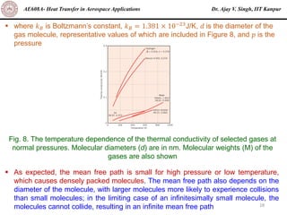 Dr. Ajay V. Singh, IIT Kanpur
AE608A- Heat Transfer in Aerospace Applications
18
▪ where 𝑘𝐵 is Boltzmann’s constant, 𝑘𝐵 = 1.381 × 10−23
J/K, 𝑑 is the diameter of the
gas molecule, representative values of which are included in Figure 8, and 𝑝 is the
pressure
▪ As expected, the mean free path is small for high pressure or low temperature,
which causes densely packed molecules. The mean free path also depends on the
diameter of the molecule, with larger molecules more likely to experience collisions
than small molecules; in the limiting case of an infinitesimally small molecule, the
molecules cannot collide, resulting in an infinite mean free path
Fig. 8. The temperature dependence of the thermal conductivity of selected gases at
normal pressures. Molecular diameters (d) are in nm. Molecular weights (M) of the
gases are also shown
 
