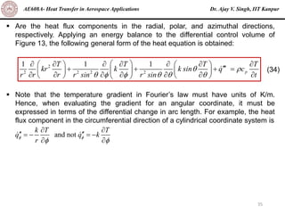 Dr. Ajay V. Singh, IIT Kanpur
AE608A- Heat Transfer in Aerospace Applications
35
▪ Are the heat flux components in the radial, polar, and azimuthal directions,
respectively. Applying an energy balance to the differential control volume of
Figure 13, the following general form of the heat equation is obtained:
▪ Note that the temperature gradient in Fourier’s law must have units of K/m.
Hence, when evaluating the gradient for an angular coordinate, it must be
expressed in terms of the differential change in arc length. For example, the heat
flux component in the circumferential direction of a cylindrical coordinate system is
2
2 2 2 2
1 1 1
p
T T T T
kr k k sin q c
r r r r sin r sin t
 
     
 
      
    
+ + + =
   
 
      
   
 
(34)
and not
k T T
q q k
r
 
 
 
 
= − = −
 
 