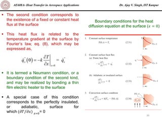 Dr. Ajay V. Singh, IIT Kanpur
AE608A- Heat Transfer in Aerospace Applications
39
▪ The second condition corresponds to
the existence of a fixed or constant heat
flux at the surface
▪ This heat flux is related to the
temperature gradient at the surface by
Fourier’s law, eq. (8), which may be
expressed as,
▪ It is termed a Neumann condition, or a
boundary condition of the second kind,
and may be realized by bonding a thin
film electric heater to the surface
▪ A special case of this condition
corresponds to the perfectly insulated,
or adiabatic, surface for
which Τ
(𝜕𝑇 𝜕𝑥) 𝑥=0
= 0
Boundary conditions for the heat
diffusion equation at the surface (𝑥 = 0)
( )
0
0 =
'' ''
x s
x
T
q k q
x =

= −

 