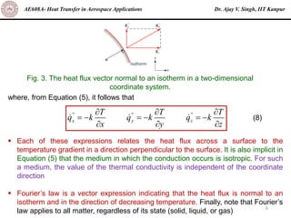 Dr. Ajay V. Singh, IIT Kanpur
AE608A- Heat Transfer in Aerospace Applications
6
Fig. 3. The heat flux vector normal to an isotherm in a two-dimensional
coordinate system.
where, from Equation (5), it follows that
▪ Each of these expressions relates the heat flux across a surface to the
temperature gradient in a direction perpendicular to the surface. It is also implicit in
Equation (5) that the medium in which the conduction occurs is isotropic. For such
a medium, the value of the thermal conductivity is independent of the coordinate
direction
▪ Fourier’s law is a vector expression indicating that the heat flux is normal to an
isotherm and in the direction of decreasing temperature. Finally, note that Fourier’s
law applies to all matter, regardless of its state (solid, liquid, or gas)
'' '' ''
x y z
T T T
q k q k q k
x y z
  
= − = − = −
  
(8)
 