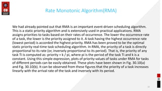 Rate Monotonic Algorithm(RMA)
We had already pointed out that RMA is an important event-driven scheduling algorithm.
This is a static priority algorithm and is extensively used in practical applications. RMA
assigns priorities to tasks based on their rates of occurrence. The lower the occurrence rate
of a task, the lower is the priority assigned to it. A task having the highest occurrence rate
(lowest period) is accorded the highest priority. RMA has been proved to be the optimal
static priority real-time task scheduling algorithm. In RMA, the priority of a task is directly
proportional to its rate (or, inversely proportional to its period). That is, the priority of any
task Ti is computed as: priority = k / pi, where pi is the period of the task Ti and k is a
constant. Using this simple expression, plots of priority values of tasks under RMA for tasks
of different periods can be easily obtained. These plots have been shown in Fig. 30.10(a)
and Fig. 30.10(b). It can be observed from these figures that the priority of a task increases
linearly with the arrival rate of the task and inversely with its period.
12
 