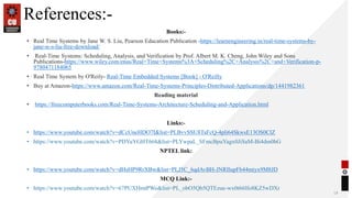 References:-
Books:-
• Real Time Systems by Jane W. S. Liu, Pearson Education Publication -https://learnengineering.in/real-time-systems-by-
jane-w-s-liu-free-download/
• Real-Time Systems: Scheduling, Analysis, and Verification by Prof. Albert M. K. Cheng, John Wiley and Sons
Publications-https://www.wiley.com/enus/Real+Time+Systems%3A+Scheduling%2C+Analysis%2C+and+Verification-p-
9780471184065
• Real Time System by O'Reily- Real-Time Embedded Systems [Book] - O'Reilly
• Buy at Amazon-https://www.amazon.com/Real-Time-Systems-Principles-Distributed-Applications/dp/1441982361
Reading material
• https://freecomputerbooks.com/Real-Time-Systems-Architecture-Scheduling-and-Application.html
Links:-
• https://www.youtube.com/watch?v=dCcUneHDO7I&list=PLBvvSSU8TaFcQ-4pli64SkwsE13OS0ClZ
• https://www.youtube.com/watch?v=PDYuYGHT668&list=PLYwpaL_SFmcBpuYagx0JiSaM-Bi4dm0hG
NPTEL link:
• https://www.youtube.com/watch?v=dHsHP9RrXBw&list=PLJ5C_6qdAvBH-JNRIlupFb44miyx9M8JD
MCQ Link:-
• https://www.youtube.com/watch?v=67PUXHmtPWo&list=PL_obO5Qb5QTEzue-wx0t66lfo8KZ5wDXr
14
 