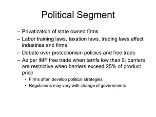 Political Segment
– Privatizatoin of state owned firms
– Labor training laws, taxation laws, trading laws affect
industries and firms
– Debate over protectionism policies and free trade
– As per IMF free trade when tarrifs low than 9; barriers
are restrictive when barriers exceed 25% of product
price
• Firms often develop political strategies
• Regulations may vary with change of governments
 