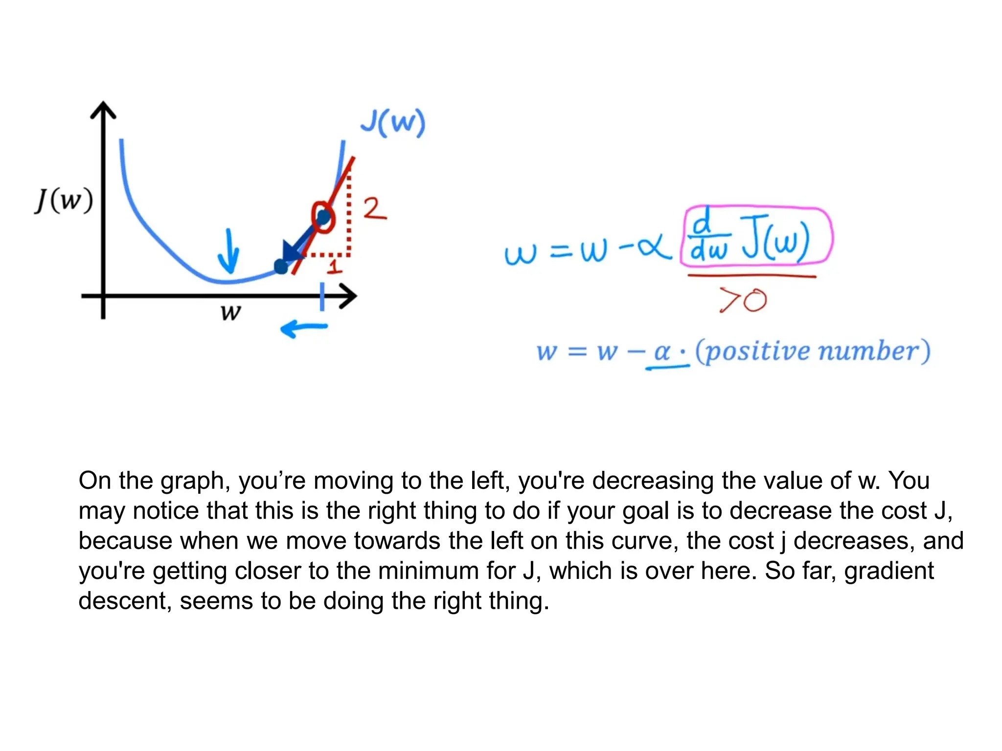 On the graph, you’re moving to the left, you're decreasing the value of w. You
may notice that this is the right thing to do if your goal is to decrease the cost J,
because when we move towards the left on this curve, the cost j decreases, and
you're getting closer to the minimum for J, which is over here. So far, gradient
descent, seems to be doing the right thing.
 