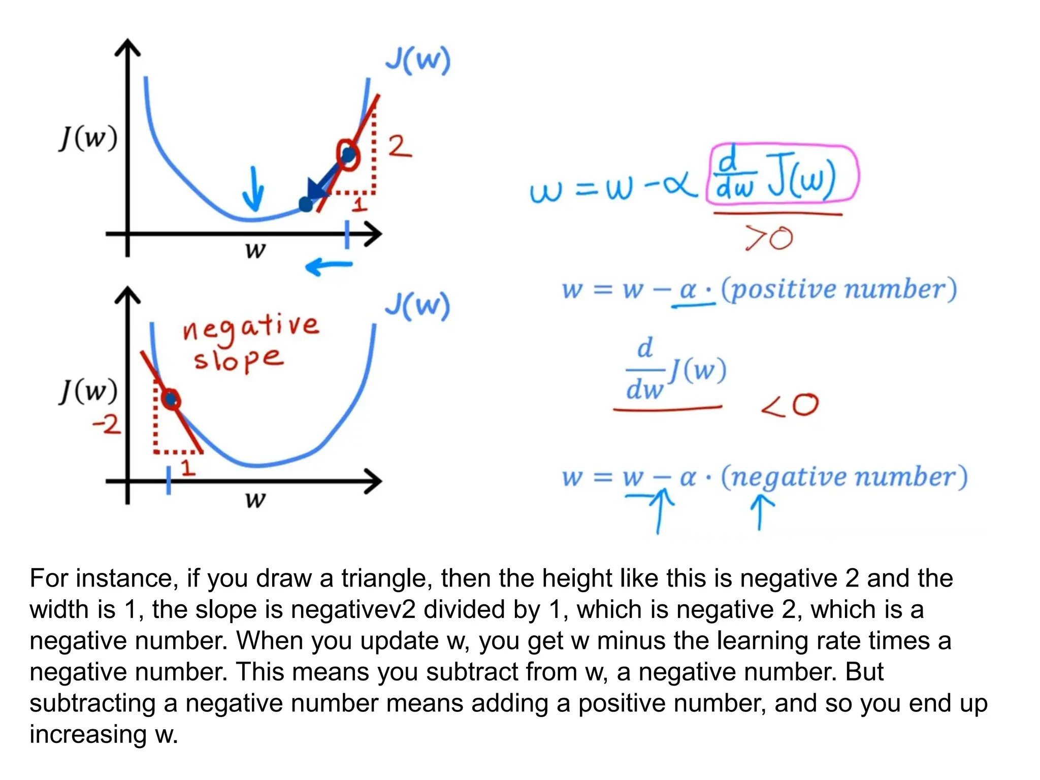 For instance, if you draw a triangle, then the height like this is negative 2 and the
width is 1, the slope is negativev2 divided by 1, which is negative 2, which is a
negative number. When you update w, you get w minus the learning rate times a
negative number. This means you subtract from w, a negative number. But
subtracting a negative number means adding a positive number, and so you end up
increasing w.
 