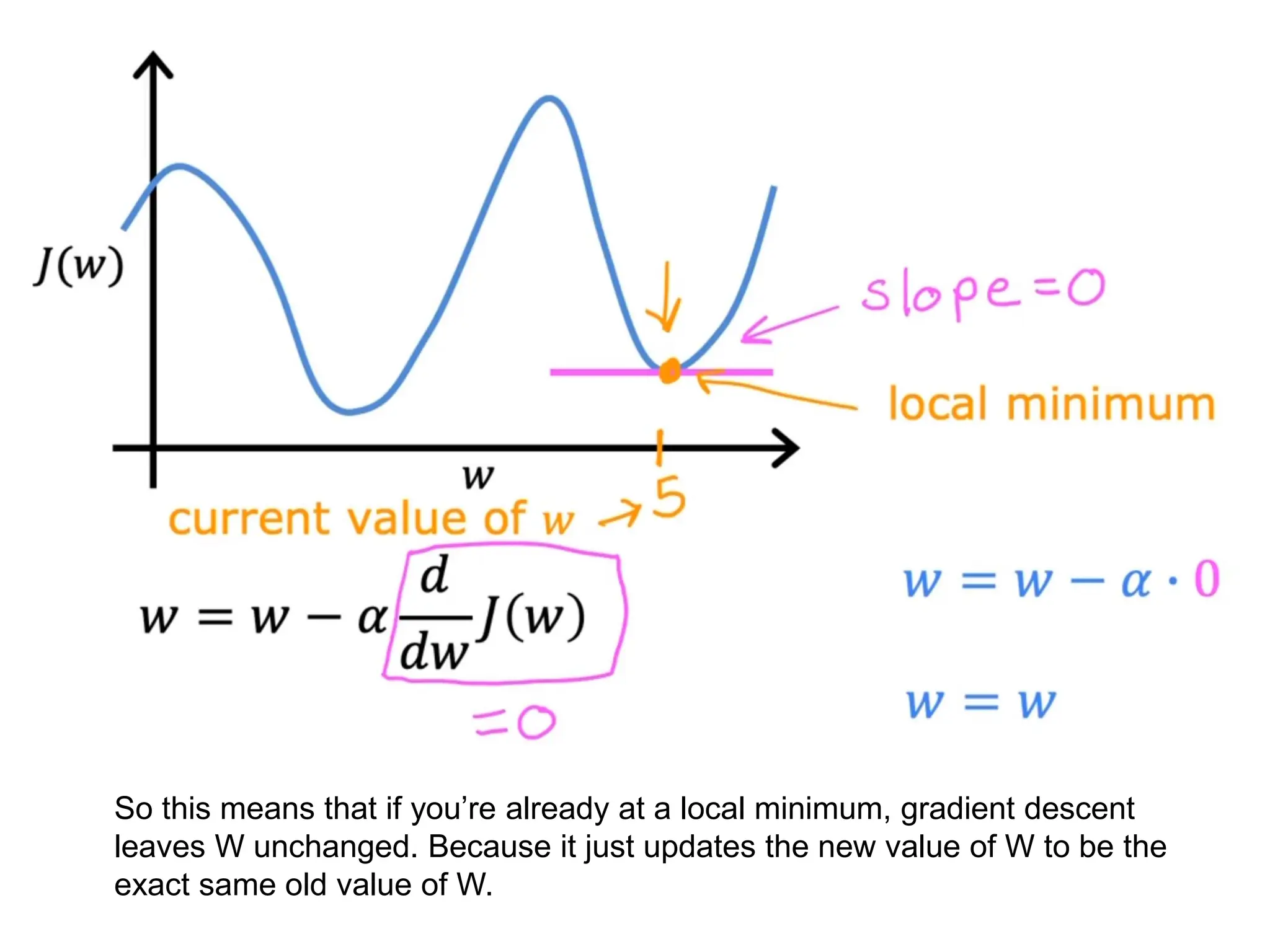 So this means that if you’re already at a local minimum, gradient descent
leaves W unchanged. Because it just updates the new value of W to be the
exact same old value of W.
 