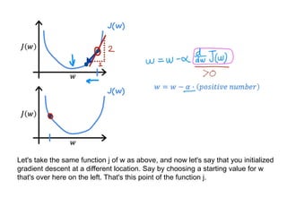 Let's take the same function j of w as above, and now let's say that you initialized
gradient descent at a different location. Say by choosing a starting value for w
that's over here on the left. That's this point of the function j.
 