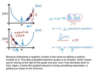 Because subtracting a negative number is the same as adding a positive
number to w. This step of gradient descent causes w to increase, which means
you're moving to the right of the graph and your cost J has decrease down to
here. Again, it looks like gradient descent is doing something reasonable, is
getting you closer to the minimum.
 