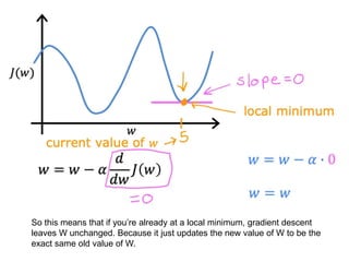 So this means that if you’re already at a local minimum, gradient descent
leaves W unchanged. Because it just updates the new value of W to be the
exact same old value of W.
 