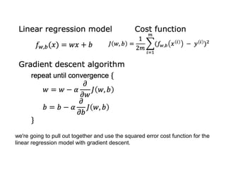 we're going to pull out together and use the squared error cost function for the
linear regression model with gradient descent.
 