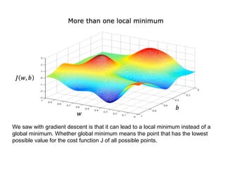 We saw with gradient descent is that it can lead to a local minimum instead of a
global minimum. Whether global minimum means the point that has the lowest
possible value for the cost function J of all possible points.
 