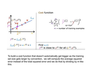 To build a cost function that doesn't automatically get bigger as the training
set size gets larger by convention, we will compute the average squared
error instead of the total squared error and we do that by dividing by m like
this.
 