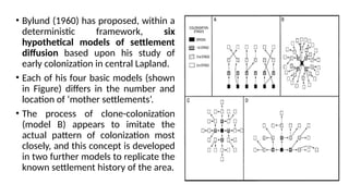 • Bylund (1960) has proposed, within a
deterministic framework, six
hypothetical models of settlement
diffusion based upon his study of
early colonization in central Lapland.
• Each of his four basic models (shown
in Figure) differs in the number and
location of ‘mother settlements’.
• The process of clone-colonization
(model B) appears to imitate the
actual pattern of colonization most
closely, and this concept is developed
in two further models to replicate the
known settlement history of the area.
 