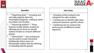 Benefits:
• - **Organizing Data**: Grouping and
sets help organize data into
meaningful categories, making it easier
to analyze and visualize.
• - **Enhancing Analysis**: These
features enable deeper analysis by
allowing you to focus on specific
subsets of data or compare different
groups.
• - **Interactivity**: Sets and groups
can be used to create interactive
dashboards where users can
dynamically explore data by selecting
or excluding specific groups.
Use Cases:
• - Grouping similar products into
categories for sales analysis.
• - Creating sets to identify high-value
customers based on specific criteria.
• - Combining sets to compare the
performance of different market
segments.
 