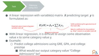 ● A linear regression with variable(s) matrix X predicting target y is
formulated as:
SUM ( predictors j thru p (columns) of
the matrix X )
Beta (j), coefficient for the predictor
xj , the j th
column in variable matrix X
Beta (zero) intercept
● With linear regression, it is difficult to assign some observation
value x to some category value y.
● Example:
○ Predict college admissions using GRE, GPA, and college
prestige
■ What would our output category value “College
Admissions” be?
Expected value (mean) of y given
variable matrix X
Task
Dilemma
using OLS
 