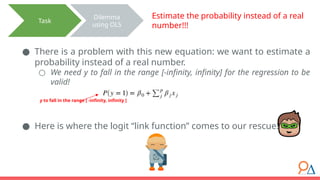 ● There is a problem with this new equation: we want to estimate a
probability instead of a real number.
○ We need y to fall in the range [-infinity, infinity] for the regression to be
valid!
● Here is where the logit “link function” comes to our rescue!!
Task
Dilemma
using OLS
y to fall in the range [ -infinity, infinity ]
Estimate the probability instead of a real
number!!!
 