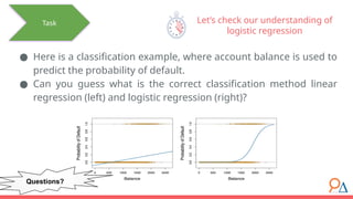 ● Here is a classification example, where account balance is used to
predict the probability of default.
● Can you guess what is the correct classification method linear
regression (left) and logistic regression (right)?
Let’s check our understanding of
logistic regression
Task
Questions?
 