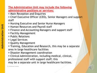 Dr Alshaimaa hussein
The Administration Unit may include the following
administrative positions or services:
Main Reception and Enquiries
Chief Executive Officer (CEO), Senior Managers and support
staff
Nursing Executive and Senior Nurse Managers
Human Resources and Payroll staff
Finance and Accounting Managers and support staff
Facility Management
Public Relations
Legal Services
Quality Management
Training, Education and Research, this may be a separate
area in large healthcare facilities
Disaster Management coordination
Clinical Administration, including medical, clinical,
professional staff with support staff; this
may be a separate unit in large healthcare facilities.
Administration
Unit
 