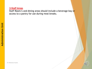 Dr Alshaimaa hussein
3-Staff Areas
Staff Room/s and dining areas should include a beverage bay or
access to a pantry for use during meal breaks.
Administration
Unit
 