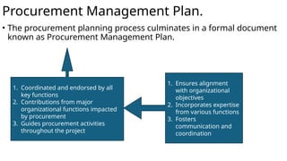 Procurement Management Plan.
• The procurement planning process culminates in a formal document
known as Procurement Management Plan.
1. Coordinated and endorsed by all
key functions
2. Contributions from major
organizational functions impacted
by procurement
3. Guides procurement activities
throughout the project
1. Ensures alignment
with organizational
objectives
2. Incorporates expertise
from various functions
3. Fosters
communication and
coordination
 