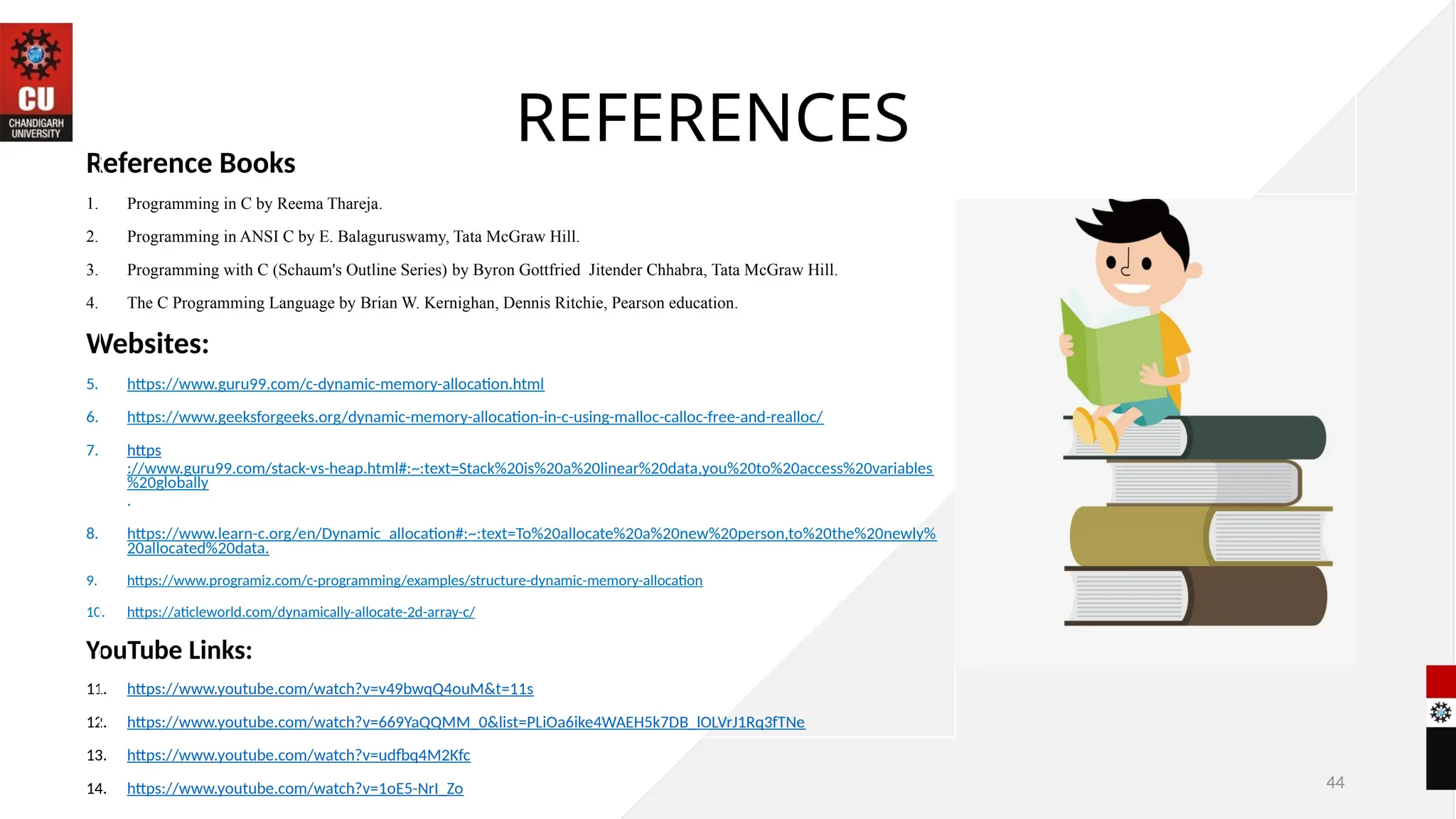 44
REFERENCES
Reference Books
1. Programming in C by Reema Thareja.
2. Programming in ANSI C by E. Balaguruswamy, Tata McGraw Hill.
3. Programming with C (Schaum's Outline Series) by Byron Gottfried Jitender Chhabra, Tata McGraw Hill.
4. The C Programming Language by Brian W. Kernighan, Dennis Ritchie, Pearson education.
Websites:
5. https://www.guru99.com/c-dynamic-memory-allocation.html
6. https://www.geeksforgeeks.org/dynamic-memory-allocation-in-c-using-malloc-calloc-free-and-realloc/
7. https
://www.guru99.com/stack-vs-heap.html#:~:text=Stack%20is%20a%20linear%20data,you%20to%20access%20variables
%20globally
.
8. https://www.learn-c.org/en/Dynamic_allocation#:~:text=To%20allocate%20a%20new%20person,to%20the%20newly%
20allocated%20data.
9. https://www.programiz.com/c-programming/examples/structure-dynamic-memory-allocation
10. https://aticleworld.com/dynamically-allocate-2d-array-c/
YouTube Links:
11. https://www.youtube.com/watch?v=v49bwqQ4ouM&t=11s
12. https://www.youtube.com/watch?v=669YaQQMM_0&list=PLiOa6ike4WAEH5k7DB_lOLVrJ1Rq3fTNe
13. https://www.youtube.com/watch?v=udfbq4M2Kfc
14. https://www.youtube.com/watch?v=1oE5-NrI_Zo
 