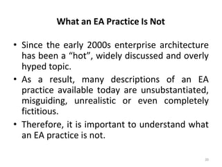 What an EA Practice Is Not
20
• Since the early 2000s enterprise architecture
has been a “hot”, widely discussed and overly
hyped topic.
• As a result, many descriptions of an EA
practice available today are unsubstantiated,
misguiding, unrealistic or even completely
fictitious.
• Therefore, it is important to understand what
an EA practice is not.
 