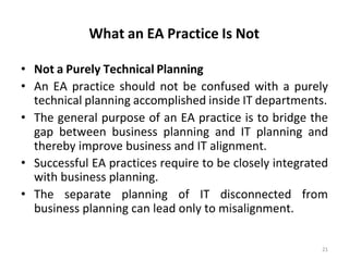 What an EA Practice Is Not
21
• Not a Purely Technical Planning
• An EA practice should not be confused with a purely
technical planning accomplished inside IT departments.
• The general purpose of an EA practice is to bridge the
gap between business planning and IT planning and
thereby improve business and IT alignment.
• Successful EA practices require to be closely integrated
with business planning.
• The separate planning of IT disconnected from
business planning can lead only to misalignment.
 