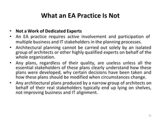 What an EA Practice Is Not
25
• Not a Work of Dedicated Experts
• An EA practice requires active involvement and participation of
multiple business and IT stakeholders in the planning processes.
• Architectural planning cannot be carried out solely by an isolated
group of architects or other highly qualified experts on behalf of the
whole organization.
• Any plans, regardless of their quality, are useless unless all the
essential stakeholders of these plans clearly understand how these
plans were developed, why certain decisions have been taken and
how these plans should be modified when circumstances change.
• Any architectural plans produced by a narrow group of architects on
behalf of their real stakeholders typically end up lying on shelves,
not improving business and IT alignment.
 