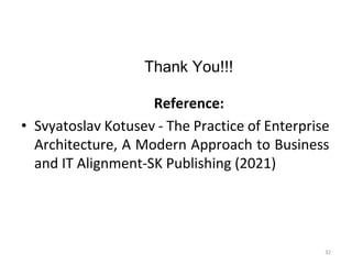 32
Thank You!!!
Reference:
• Svyatoslav Kotusev - The Practice of Enterprise
Architecture, A Modern Approach to Business
and IT Alignment-SK Publishing (2021)
 