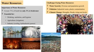 Importance of Water Resources
 Covers 71% of Earth but only 3% is freshwater
 Essential for:
o Drinking, sanitation, and hygiene
o Agriculture (irrigation)
o Industry (cooling, hydroelectric power)
Challenges Facing Water Resources
 Water Scarcity: Overuse and population growth
 Pollution: Industrial waste, plastic contamination
 Climate Change: Droughts, floods, rising sea levels
Water Resources
 