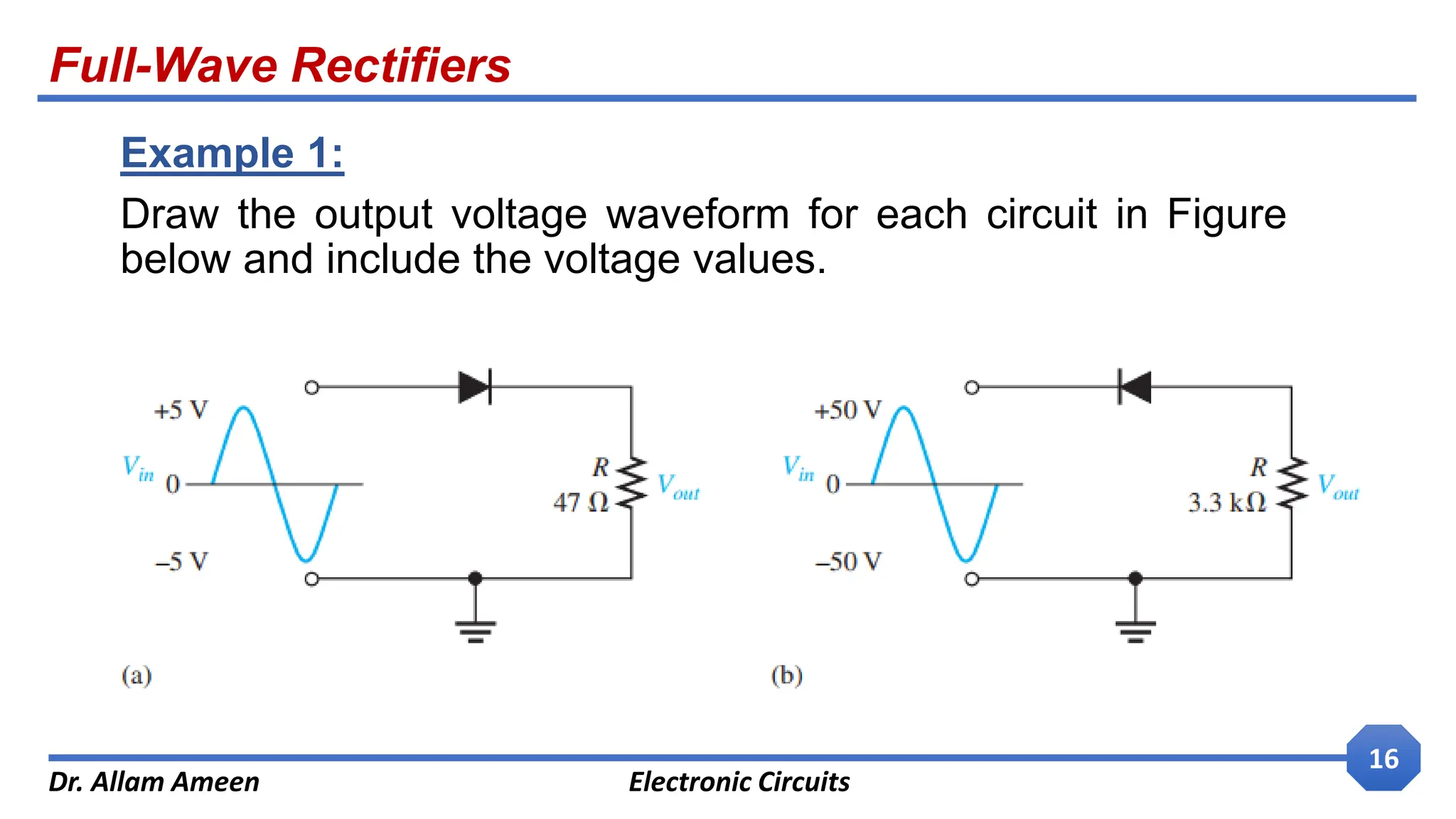Full-Wave Rectifiers
Dr. Allam Ameen Electronic Circuits
16
Example 1:
Draw the output voltage waveform for each circuit in Figure
below and include the voltage values.
 