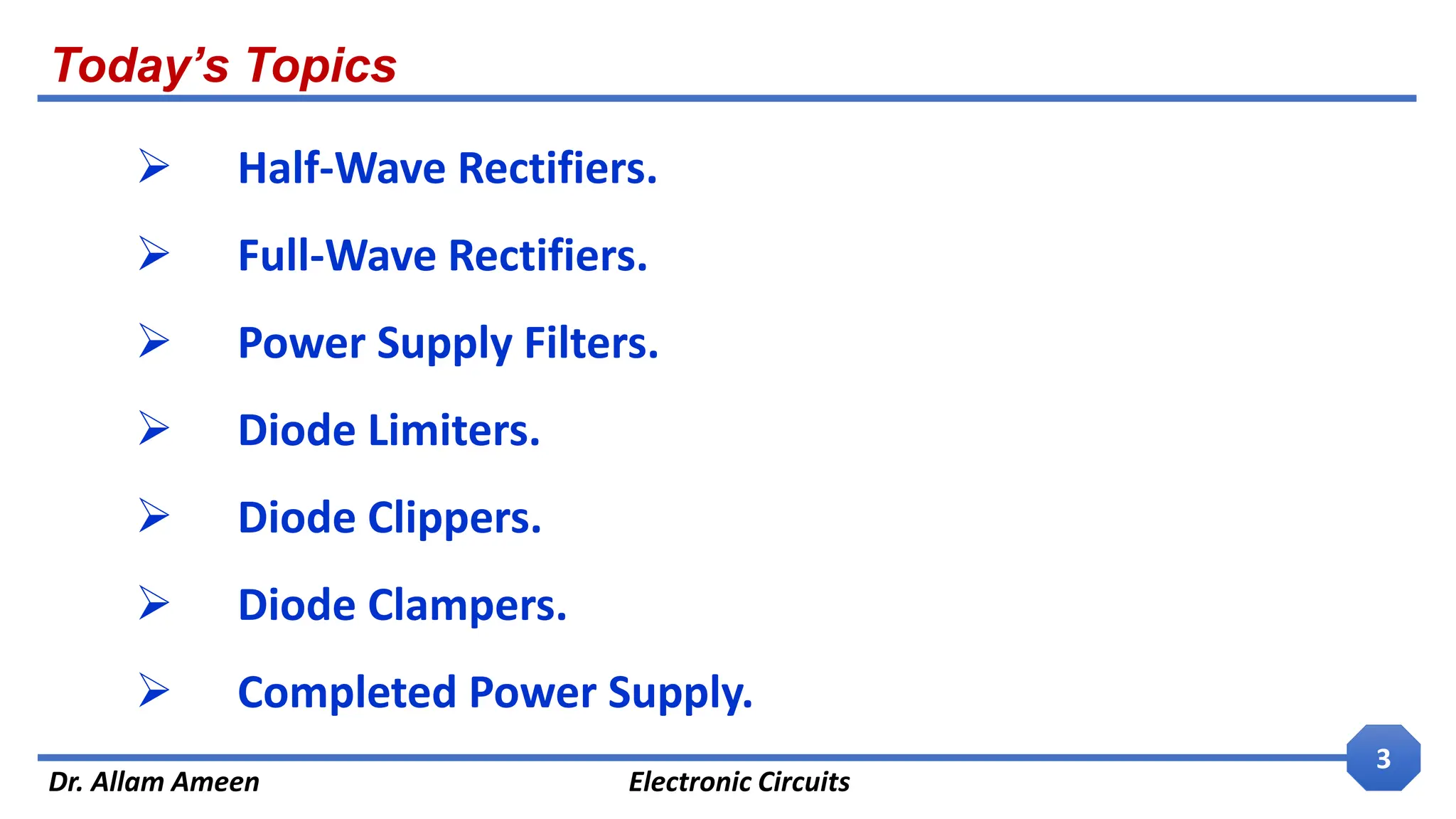 Today’s Topics
Dr. Allam Ameen Electronic Circuits
3
 Half-Wave Rectifiers.
 Full-Wave Rectifiers.
 Power Supply Filters.
 Diode Limiters.
 Diode Clippers.
 Diode Clampers.
 Completed Power Supply.
 