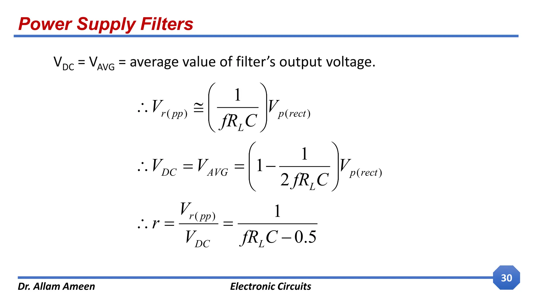 Power Supply Filters
Dr. Allam Ameen Electronic Circuits
30
VDC = VAVG = average value of filter’s output voltage.
5
.
0
1
2
1
1
1
)
(
)
(
)
(
)
(


























C
fR
V
V
r
V
C
fR
V
V
V
C
fR
V
L
DC
pp
r
rect
p
L
AVG
DC
rect
p
L
pp
r
 