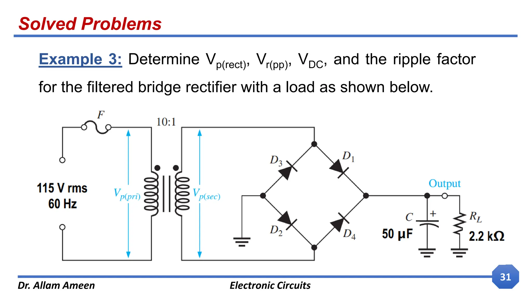 Solved Problems
Dr. Allam Ameen Electronic Circuits
31
Example 3: Determine Vp(rect), Vr(pp), VDC, and the ripple factor
for the filtered bridge rectifier with a load as shown below.
 