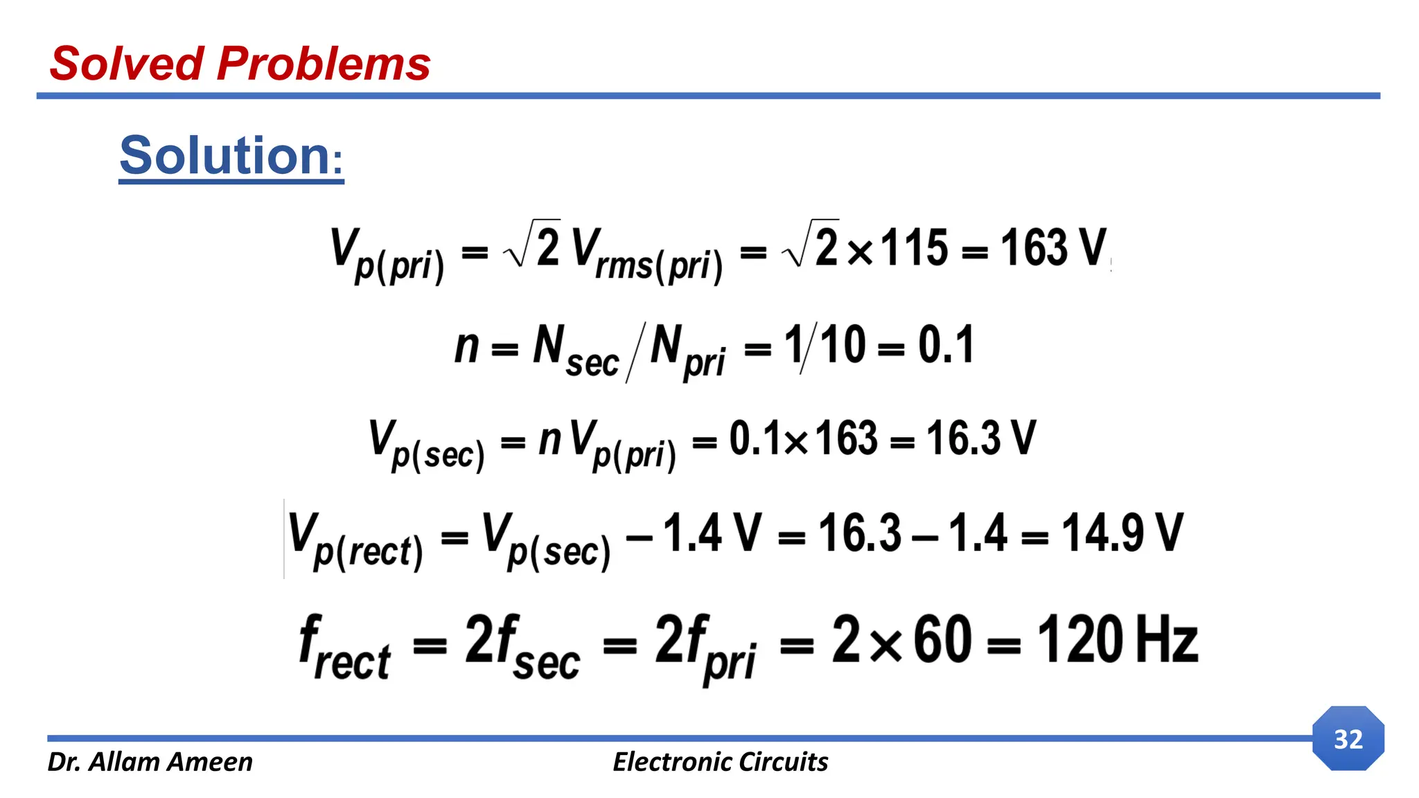 Solved Problems
Dr. Allam Ameen Electronic Circuits
32
Solution:
 
