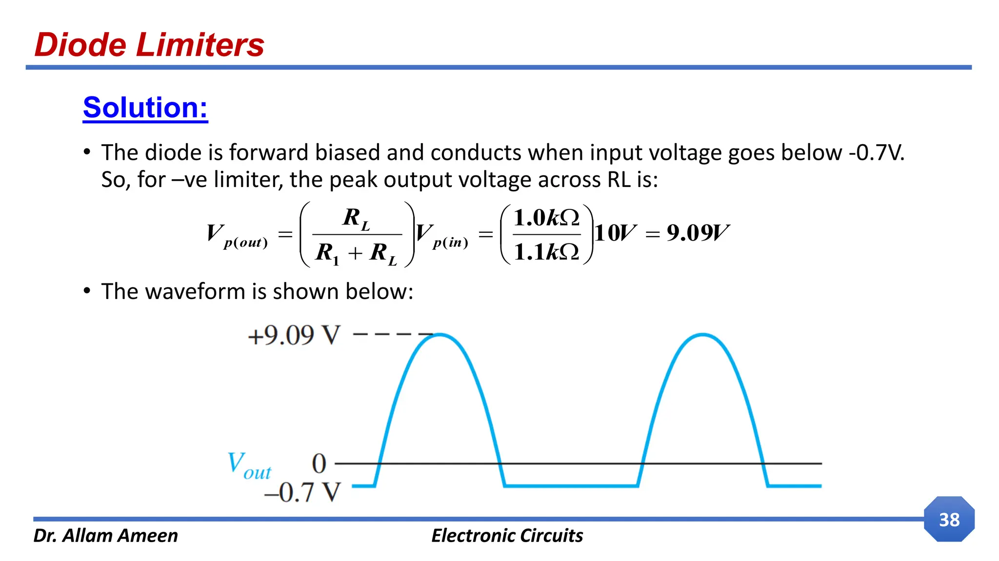 Diode Limiters
Dr. Allam Ameen Electronic Circuits
38
Solution:
• The diode is forward biased and conducts when input voltage goes below -0.7V.
So, for –ve limiter, the peak output voltage across RL is:
• The waveform is shown below:
V
V
k
k
V
R
R
R
V in
p
L
L
out
p 09
.
9
10
1
.
1
0
.
1
)
(
1
)
( 



















 