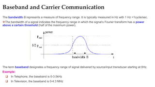 Baseband and Carrier Communication
The bandwidth B represents a measure of frequency range. It is typically measured in Hz with 1 Hz =1cycle/sec.
❖The bandwidth of a signal indicates the frequency range in which the signal‘s Fourier transform has a power
above a certain threshold (half of the maximum power).
The term baseband designates a frequency range of signal delivered by source/input transducer starting at 0Hz.
Example:
❑ In Telephone, the baseband is 0-3.5kHz
❑ In Television, the baseband is 0-4.3 MHz
 