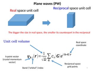 5
Plane waves (PW)
𝜓𝒌,𝑖(𝒓)=
1
√Ω
∑
𝑮
𝑐𝑛 (𝑮)𝑒
𝑖(𝒌+𝑮)𝒓
Real space unit cell
Reciprocal space unit cell
Unit cell volume
k-point vector
(crystal momentum
vector)
Band (“orbital”) index
Reciprocal space
grid points
Real space
coordinate
The bigger the size in real space, the smaller its counterpart in the reciprocal
 