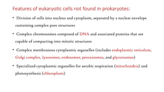 Features of eukaryotic cells not found in prokaryotes:
• Division of cells into nucleus and cytoplasm, separated by a nuclear envelope
containing complex pore structures
• Complex chromosomes composed of DNA and associated proteins that are
capable of compacting into mitotic structures
• Complex membranous cytoplasmic organelles (includes endoplasmic reticulum,
Golgi complex, lysosomes, endosomes, peroxisomes, and glyoxisomes)
• Specialized cytoplasmic organelles for aerobic respiration (mitochondria) and
photosynthesis (chloroplasts)
 
