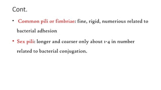 Cont.
• Common pili or fimbriae: fine, rigid, numerious related to
bacterial adhesion
• Sex pili: longer and coarser only about 1-4 in number
related to bacterial conjugation.
 