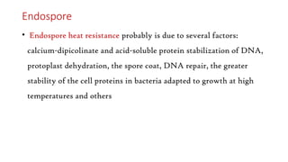 Endospore
• Endospore heat resistance probably is due to several factors:
calcium-dipicolinate and acid-soluble protein stabilization of DNA,
protoplast dehydration, the spore coat, DNA repair, the greater
stability of the cell proteins in bacteria adapted to growth at high
temperatures and others
 