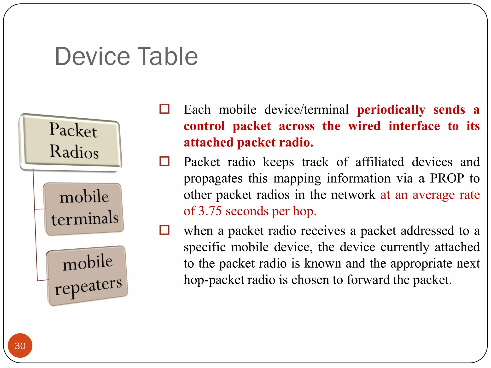 Device Table
30
 Each mobile device/terminal periodically sends a
control packet across the wired interface to its
attached packet radio.
 Packet radio keeps track of affiliated devices and
propagates this mapping information via a PROP to
other packet radios in the network at an average rate
of 3.75 seconds per hop.
 when a packet radio receives a packet addressed to a
specific mobile device, the device currently attached
to the packet radio is known and the appropriate next
hop-packet radio is chosen to forward the packet.
 