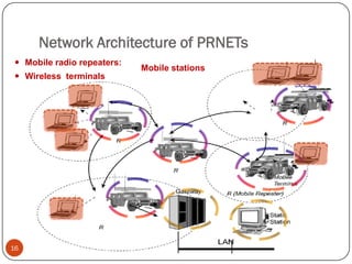 Network Architecture of PRNETs
16
 Mobile radio repeaters:
 Wireless terminals
Mobile stations
 
