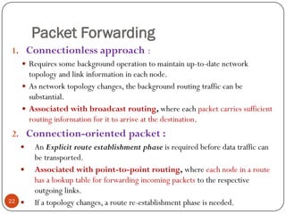 Packet Forwarding
1. Connectionless approach :
 Requires some background operation to maintain up-to-date network
topology and link information in each node.
 As network topology changes, the background routing traffic can be
substantial.
 Associated with broadcast routing, where each packet carries sufficient
routing information for it to arrive at the destination.
2. Connection-oriented packet :
 An Explicit route establishment phase is required before data traffic can
be transported.
 Associated with point-to-point routing, where each node in a route
has a lookup table for forwarding incoming packets to the respective
outgoing links.
 If a topology changes, a route re-establishment phase is needed.22
 