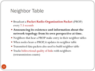 Neighbor Table
 Broadcast a Packet Radio Organization Packet (PROP)
every 7.5 seconds
 Announcing its existence and information about the
network topology from its own perspective at time.
 Neighbors that hear a PROP make entry in their neighbor tables
 When nodes hears a PROP, it updates its neighbor table
 Transmitted data packets also used to build neighbor table
 Tracks bidirectional quality of links with neighbors
(retransmission counts)
25
 