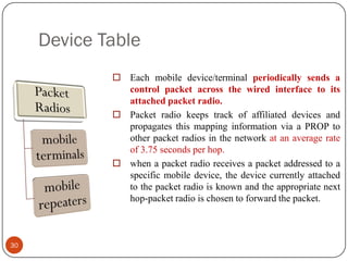 Device Table
30
 Each mobile device/terminal periodically sends a
control packet across the wired interface to its
attached packet radio.
 Packet radio keeps track of affiliated devices and
propagates this mapping information via a PROP to
other packet radios in the network at an average rate
of 3.75 seconds per hop.
 when a packet radio receives a packet addressed to a
specific mobile device, the device currently attached
to the packet radio is known and the appropriate next
hop-packet radio is chosen to forward the packet.
 