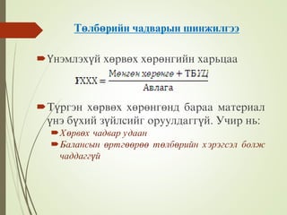 Төлбөрийн чадварын шинжилгээ
Үнэмлэхүй хөрвөх хөрөнгийн харьцаа
Түргэн хөрвөх хөрөнгөнд бараа материал
үнэ бүхий зүйлсийг оруулдаггүй. Учир нь:
Хөрвөх чадвар удаан
Балансын өртгөөрөө төлбөрийн хэрэгсэл болж
чаддаггүй
 