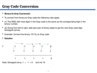 24
 Binary-to-Gray Conversion
 To convert from binary-to-Gray code the following rules apply:
 (1) The MSD (left most digit) in the Gray code is the same as the corresponding digit in the
binary number.
 (2) Going from left to right, add each pair of binary digits to get the next Gray code digit.
Disregard carries.
 Example: Convert the binary 101102 to Gray code.
 Solution
 1 1 1 1 0
_________________________________
1 1 1 1 0
Note: Disregard carry. 1 + 1 = 0 and not 10
Gray Code Conversion
 